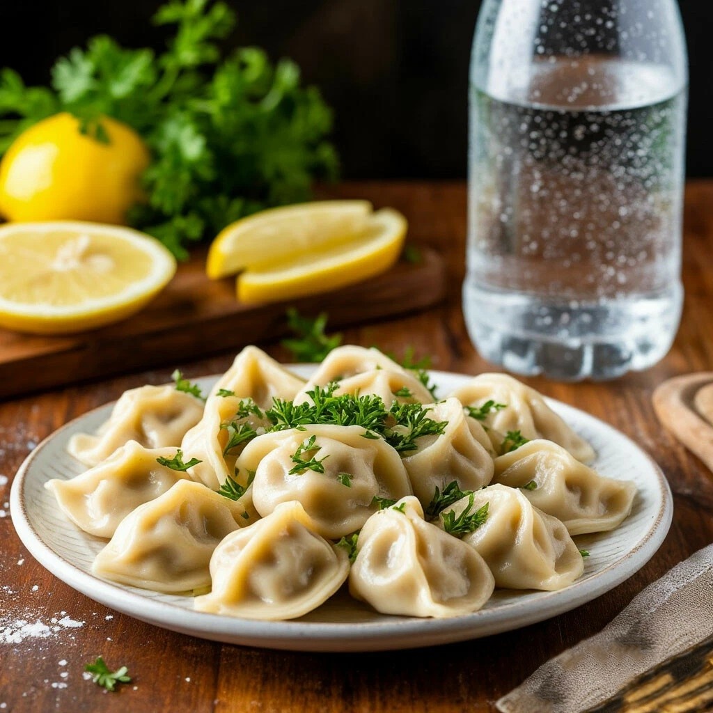 Dumplings with chicken filling on sparkling water