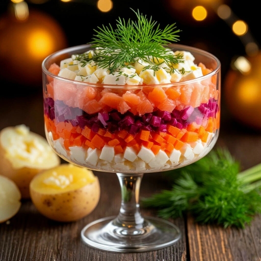 New Year “Shuba” Layered Salad with Salmon in Glasses, Topped with Red Caviar
